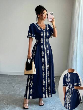 Elenzga New Elegant V-Neck Fashion Placement Print Women Dress