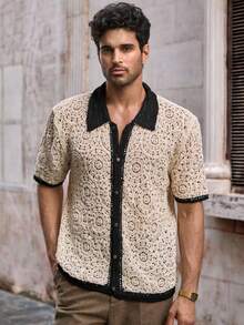 Manfinity VCAY Áo len cardigan tay ngắn cổ polo màu tương phản thường ngày khoét lỗ cho nam Áo sơ mi móc cho nam Áo sơ mi móc cho nam Áo sơ mi dệt kim hở cho nam Áo sơ mi nam Boho Áo sơ mi ren cho nam - Nhiều màu - Xem 4