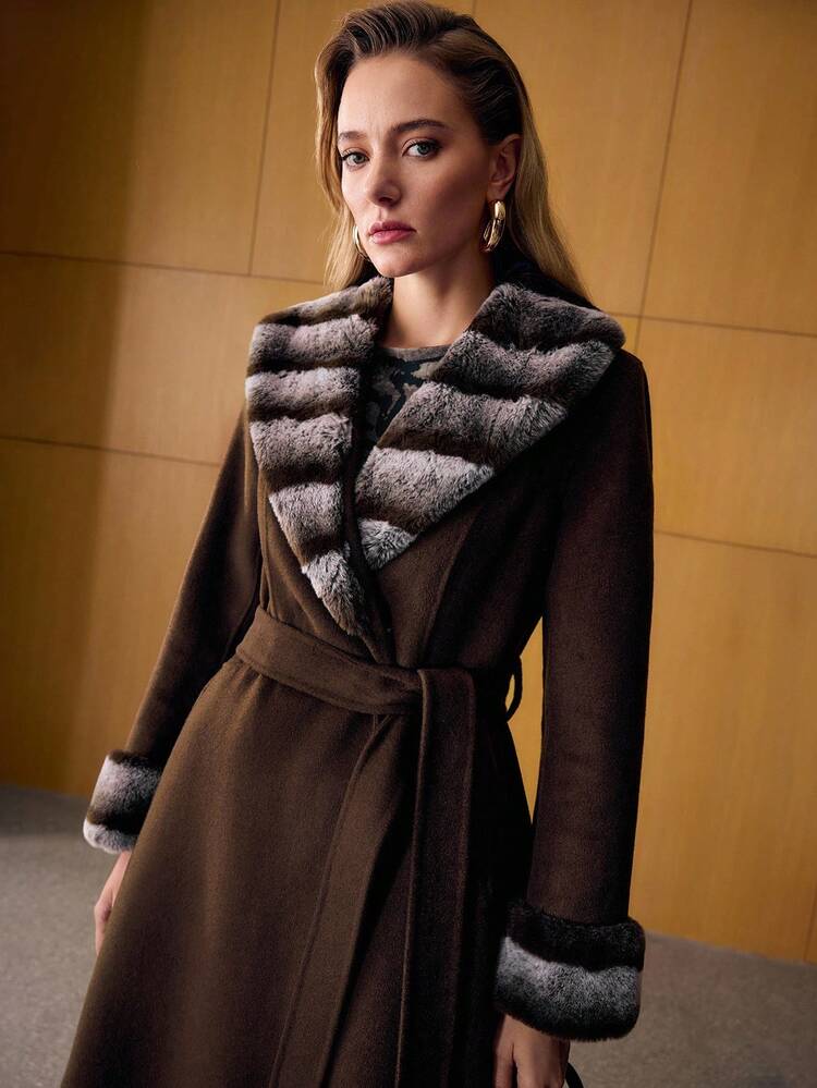 ELEGANT DETACHABLE FUR COLLAR LONG DOUBLE-SIDED WOOL OVERCOAT, AUTUMN/WINTER