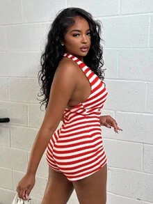 Alexandranx 女士度假红白条纹针织纹理深 V 领系腰连体裤，修身剪裁，适合派对、情人节、约会、分层穿着、圣诞节、海滩、狂欢节、复活节、波西米亚风度假 - 白色 - 查看 6