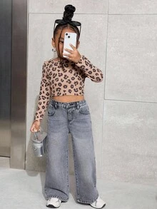 SHEIN 年轻女孩 Y2K 休闲日常水洗宽松牛仔裤，街头风，冬季，休闲时尚度假秋季装扮 - 灰色 - 查看 5