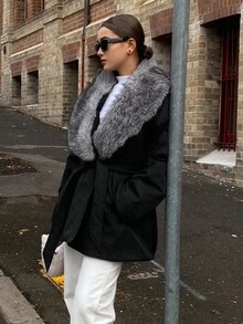DAZY Patchwork Fluffy Collar Oblique Placket Thickened Thermal Lined Padded Coat For Women, Autumn/Winter Jacket - Black - View 4