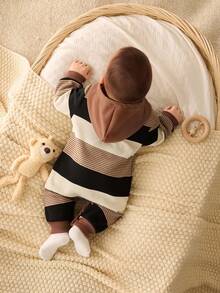 SHEIN 新生儿男女宝宝可爱秋冬休闲条纹卡通熊图案连帽抓绒连体衣，卡其色条纹婴儿服装，新生儿男女宝宝冬季服装，男宝宝服装，熊条纹男宝宝套装，男宝宝连帽连体衣 - 彩色 - 查看 4