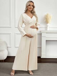 SHEIN جمبسوت نسائية بلون أحادي مع طيات وأكمام على شكل خفاش وياقة على شكل حرف V متداخلة وساق واسعة - لون مشمشي - مشاهدة 1