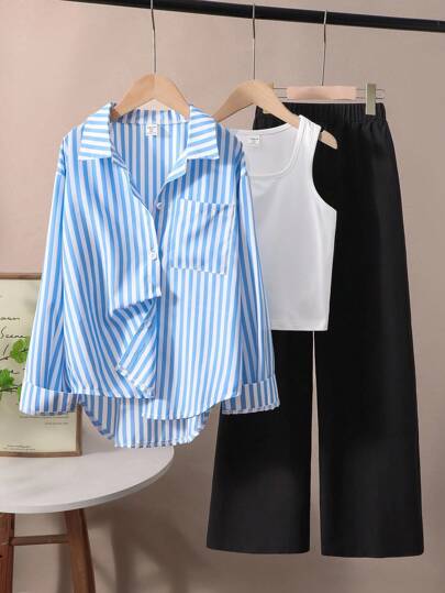 3pcs/Set Teenage Girls' Loose Striped Top, Elastic Waist Wide Leg Pants, And White Vest Camisole, Comfortable Casual Outfit For Spring, Summer, Autumn, Suitable For Travel And Outdoor Wear Fall Winter