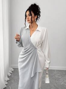 Elenzga 大码女式梭织拼色拼接常规腰部优雅简约长袖连衣裙，春秋季 - 彩色 - 查看 1