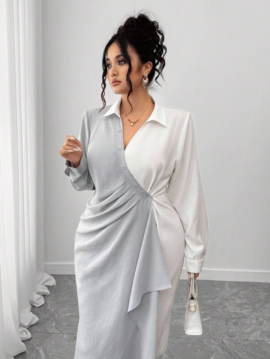 Elenzga 大码女式梭织拼色拼接常规腰部优雅简约长袖连衣裙，春秋季 - 彩色 - 查看 1