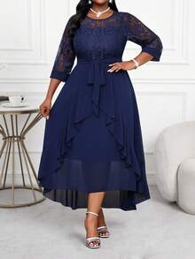 SHEIN Lady Plus Size Women Business Professional Blue Hollow Sleeve Lace Stitching Ruffle Layered Midi Dress Teacher Clothes Teacher Dress Fall Dresses Lace Dresses