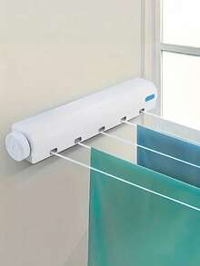 SHEIN 1pc Space Saving Retractable Clothesline With 4/5 Ropes, Wall Mounted Durable Plastic Drying Rack With Towel Bar And Hooks, Portable Clothes Drying Rack - White - View 10