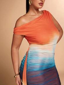 SHEIN BAE 大码女式春夏度假海滩优雅露肩绿色渐变丝带迷你连衣裙，女士夏季服装，女士度假服装，女士婚礼宾客礼服，女士优雅连衣裙，女士音乐会服装，女士毕业礼服，女士早午餐服装 - 橘色 - 查看 6