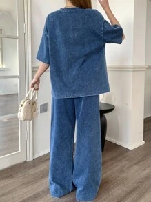 SHEIN Tween Girl Blue Summer Casual School Crew Neck Drop Shoulder Washed Top And Pants Loose Denim Set,Suitable For Daily Travel,Outdoor,Tea Party - Medium Wash - View 2