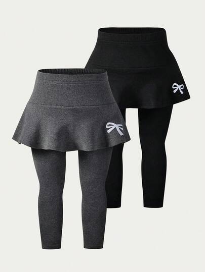 SHEIN Playful Pals 2 件套女婴针织舒适打底裤，0-3 岁儿童松紧腰裤，裙摆设计，白色蝴蝶结装饰，甜美感十足，适合户外活动、家庭聚会、春秋季