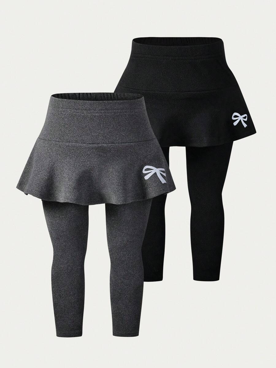 SHEIN Playful Pals 2 件套女婴针织舒适打底裤，0-3 岁儿童松紧腰裤，裙摆设计，白色蝴蝶结装饰，甜美感十足，适合户外活动、家庭聚会、春秋季 - 彩色 - 查看 1