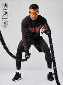 Acti Log 男士字母印花立领插肩袖休闲健身运动T恤压缩衣 - 黑色 - 查看 2