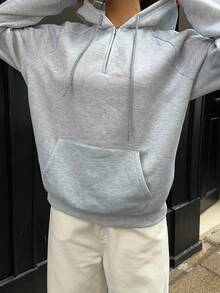 Muchica Grey Hooded Half Zip Fleece Sweatshirt For Women, Overseas Style, Long Sleeve, Fall/Winter - Multicolor - View 3