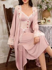 Côtesoire Französisches romantisches, elegantes Spitzen-Patchwork Damen Nachtwäsche Set, Herbstkleidung - Altrosa - Übersicht 4