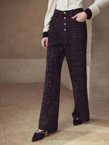 MOTF PREMIUM TWEED PLAID PATTERN METAL BUTTON FRONT FLARE LEG PANTS - Black - View 6