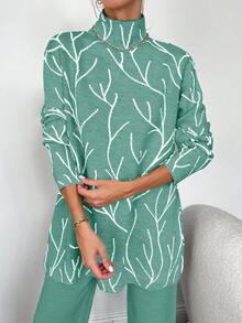 SHEIN Cottnline Women'S Branch Printed Mock Neck Sweater And Solid Colored Pants Two Piece Set - Green - View 4
