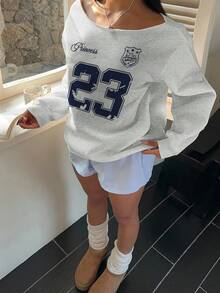 SHEIN EZwear 浅灰色女士不对称肩部23徽章字母印花宽松休闲长袖卫衣，适合秋冬街头风格、Y2K、机场 - 淺灰色 - 查看 3