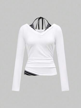 2 pezzi Set di magliette a maniche corte da donna casual, con collo a cravatta, a righe e patchwork, aderenti