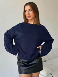 Aloruh Damen lässiger, vielseitiger Pullover in Unifarbe mit V-Ausschnitt und lockerem Strick - marineblau - Übersicht 5
