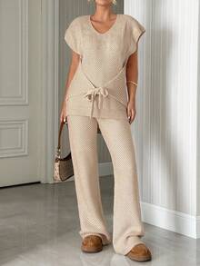 Textured Knit Sleeveless Sweater Belted And Pants Co-Ord Set Knit Two Piece Set Beige Two Piece Set Cream Two Piece Set Two Piece Set Women Comfy Two Piece Set Comfortable Two Piece Set - Beige - View 3