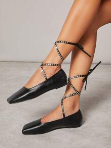 SHUZIA Women Solid Color Square Toe Strap Casual Summer Fashion Slip-Resistant Flat Shoes - Black - View 5