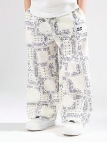 SUMWON 男童休闲阔腿夏季裤头巾佩斯利印花松紧腰棉质长裤舒适宽松春季时尚 - 藍白色 - 查看 1