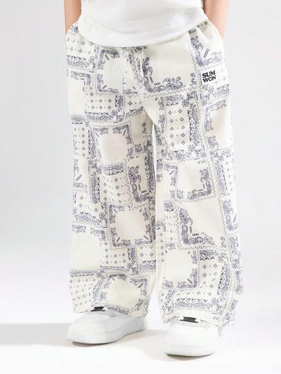 SUMWON 男童休闲阔腿夏季裤头巾佩斯利印花松紧腰棉质长裤舒适宽松春季时尚