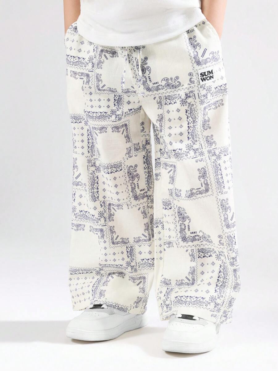 SUMWON 男童休闲阔腿夏季裤头巾佩斯利印花松紧腰棉质长裤舒适宽松春季时尚 - 藍白色 - 查看 1