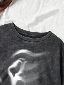 Comfortcana 加大码万圣节酸洗外观复古针织破洞宽松针织尖叫骷髅鬼脸图案卡通图案短袖 T 恤 - 黑色 - 查看 4