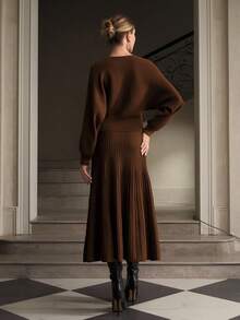 ZEYLAH 2pcs/Set Knitted V-Neck Off-Shoulder Knitted Sweater Set, Autumn/Winter - Coffee Brown - View 7