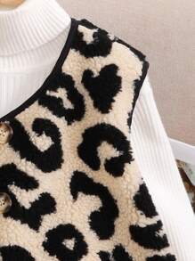 SHEIN Tween Girl Loose Casual Minimalist Comfortable Leopard Print Fluffy Jacket,In Fall/Winter - Black - View 4