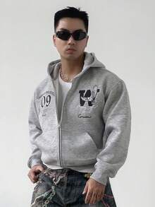 DAZY 男士字母刺绣街头风连帽卫衣，秋季 - 灰色 - 查看 3