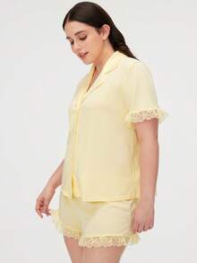 LUVLETTE 优雅黄色蕾丝纽扣短款女士伴娘透气睡衣套装，女士家居服套装，女士内衣四角裤套装 - 黃色 - 查看 2