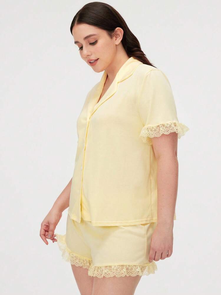 Elegante conjunto de pijama de mujer con botones y encaje amarillo, ligero, para dama de honor, conjunto de lencería con pantalón corto, para primavera y verano