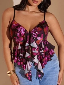 SHEIN BAE Plus Size Women's Black Mesh Ruffled Camisole Top,Graduation,Club Sexy,Spring,Summer,Holiday Night,Birthday,Wedding,Vacation Women,Concert/Early Autumn/Back To School/Going Out /Festival - Purple - View 8