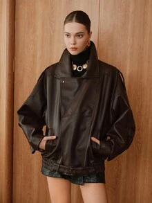 SHEIN Unity 女士宽松休闲宽翻领时尚 PU 皮夹克