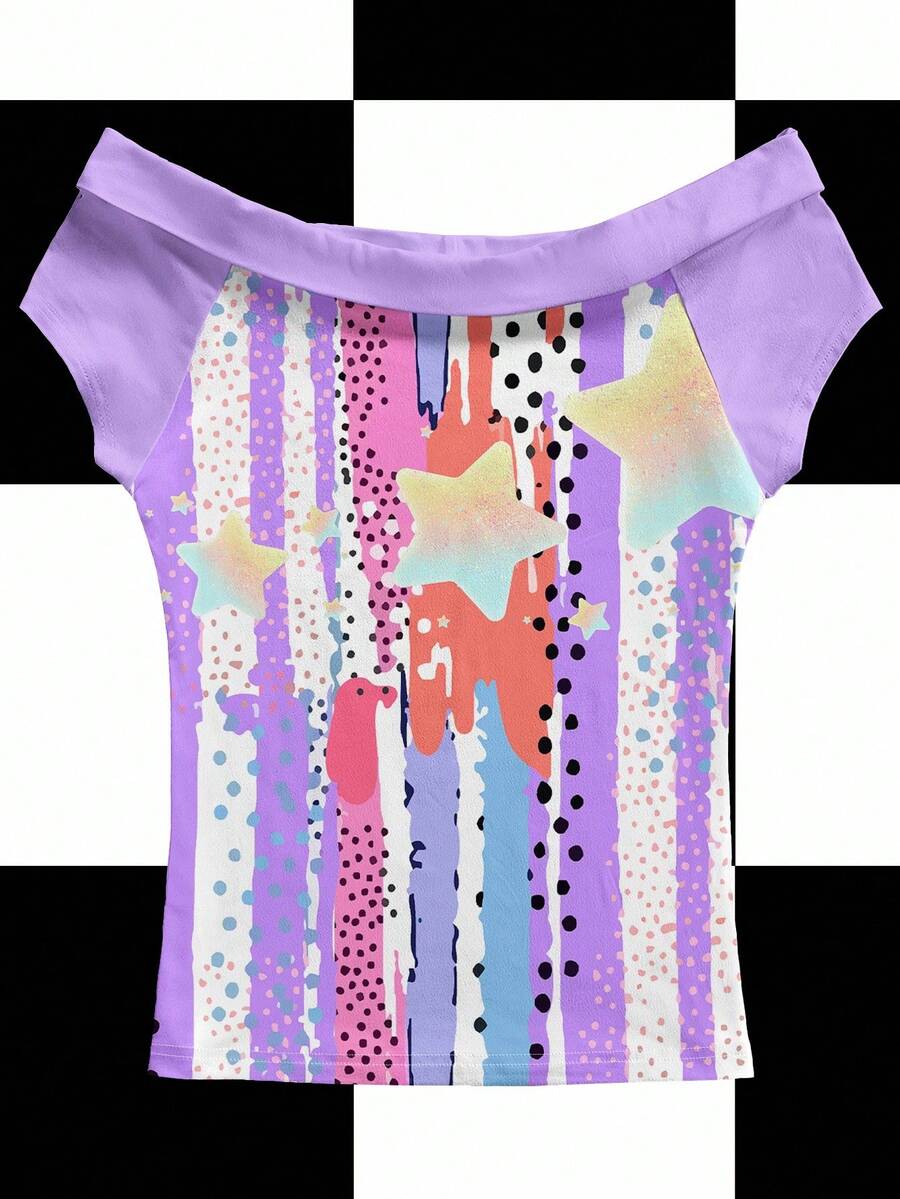 Shutterstock Y2K Style Purple Off Shoulder T-Shirt With Hand-Drawn Line, Polka Dot, Star & Galaxy Print Lilac Top Pastel Tops Purple Blouses Lavender Tops Abstract Print Top Purple Top - Purple - View 1