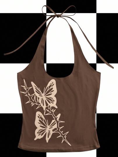 Shutterstock Y2K Women's Backless Camisole Top With Thorns & Butterfly Print, Sexy Streetwear For Party And Nightclub