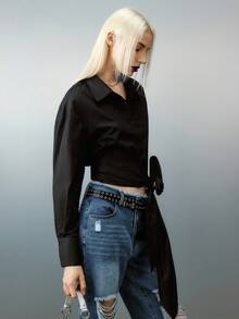 Airlisse 秋季时尚纽扣短款衬衫，女士秋季黑色衬衫 - 黑色 - 查看 4