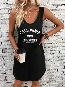 EMERY ROSE Casual & Simple Letter Printed Sleeveless Vest Dress, Suitable For Summer Chic Dress - Black - View 5