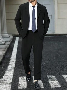 Manfinity Mode Plus Size Men's Casual Suit Set: Solid Color Lapel NeckLong Sleeve Jacket And Pants, Autumn - Black - View 4