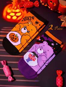 SHEIN X Care Bears 2双装女士南瓜蝙蝠图案柔软透气吸湿休闲节日派对短袜，时尚可爱，黑橙配色，加固趾跟，经久耐穿，男女通用，冬季百搭 - 彩色 - 查看 2