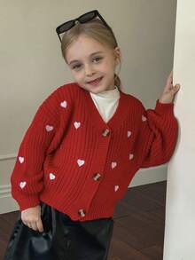 SHEIN V领宽松落肩开衫，带心形刺绣，适合秋冬季 - 紅色 - 查看 11