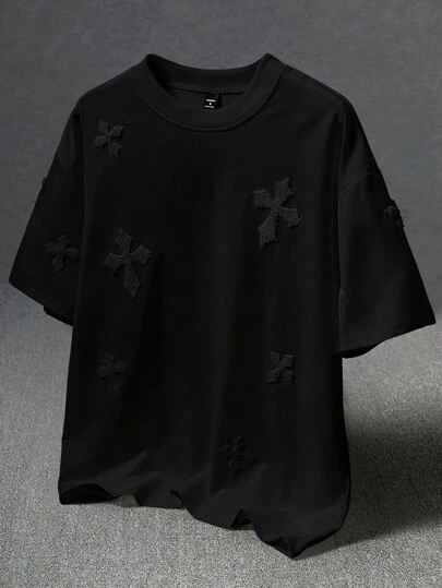 Manfinity EMRG Men's Street-Style Popular INS Matching Cross Full-Print Towel Embroidery, Daily, Boyfriend/Husband Gift, Anniversary Gift, White T-Shirt, 2000s Style