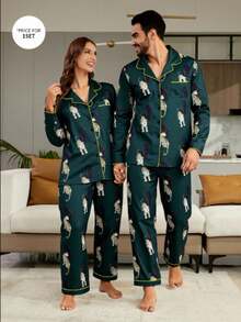 Miss Women 休闲动物印花柔软法兰绒长袖开衫和裤子两件套睡衣套装，秋季服装