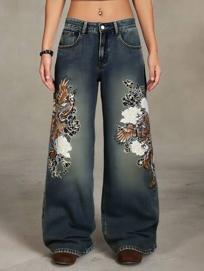 J-Fashion Vintage Y2K Streetwear Chinesischer Stil Phoenix & Blumen Stickerei Weite Schlupfhose, Unisex