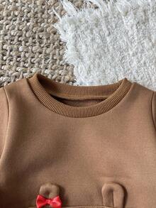 SHEIN 2 件套女婴可爱卡通熊波尔卡圆点长裤和长袖服装套装，秋冬 - 棕色 - 查看 4