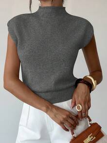 Firerie 优雅高领宽松休闲百搭秋冬无袖针织毛衣背心 - 深灰色 - 查看 6